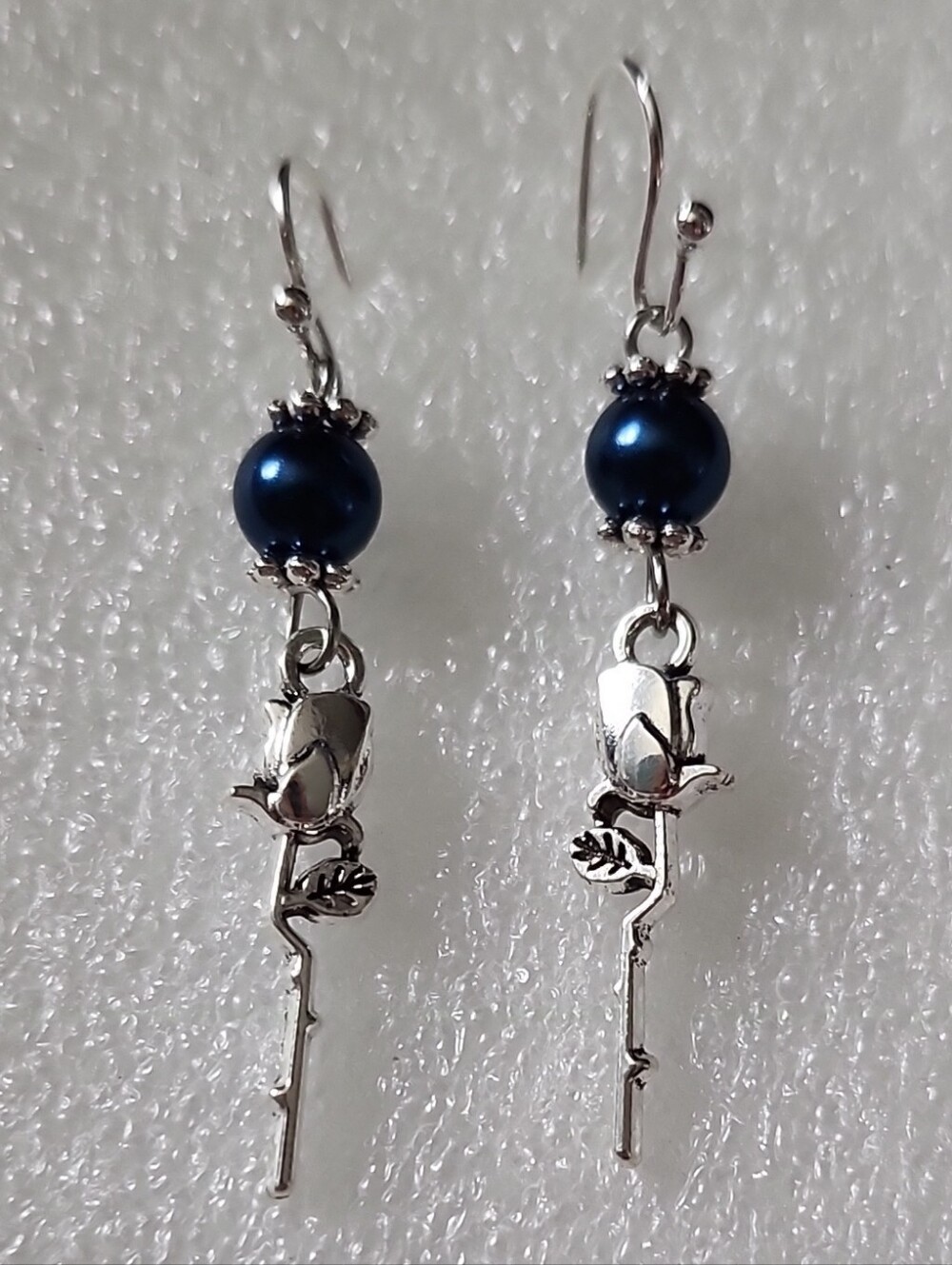 Hand Crafted Navy Blue Pearl Rose Dangle Earrings